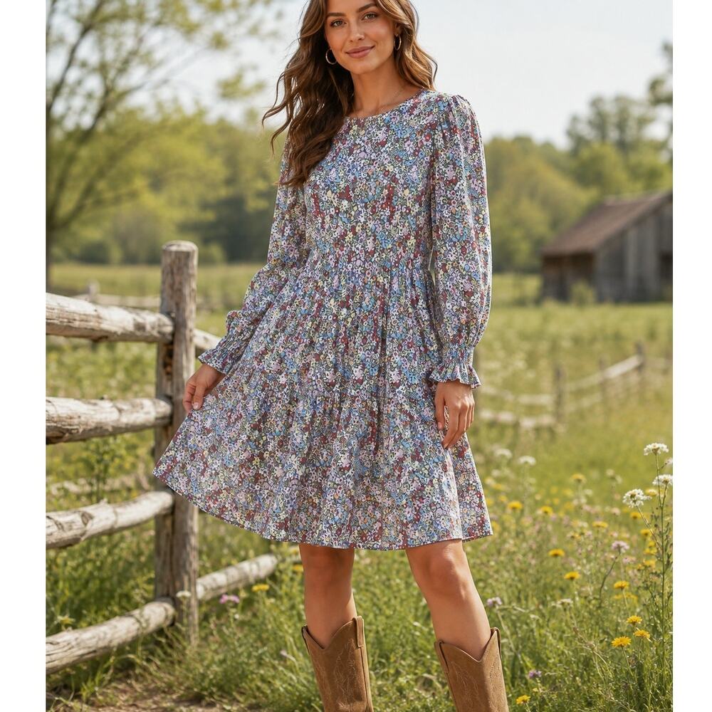 Miss Selfridge Floral Praire Dress 8 Dainty Multicolor Floral Puff Flare Sleeve